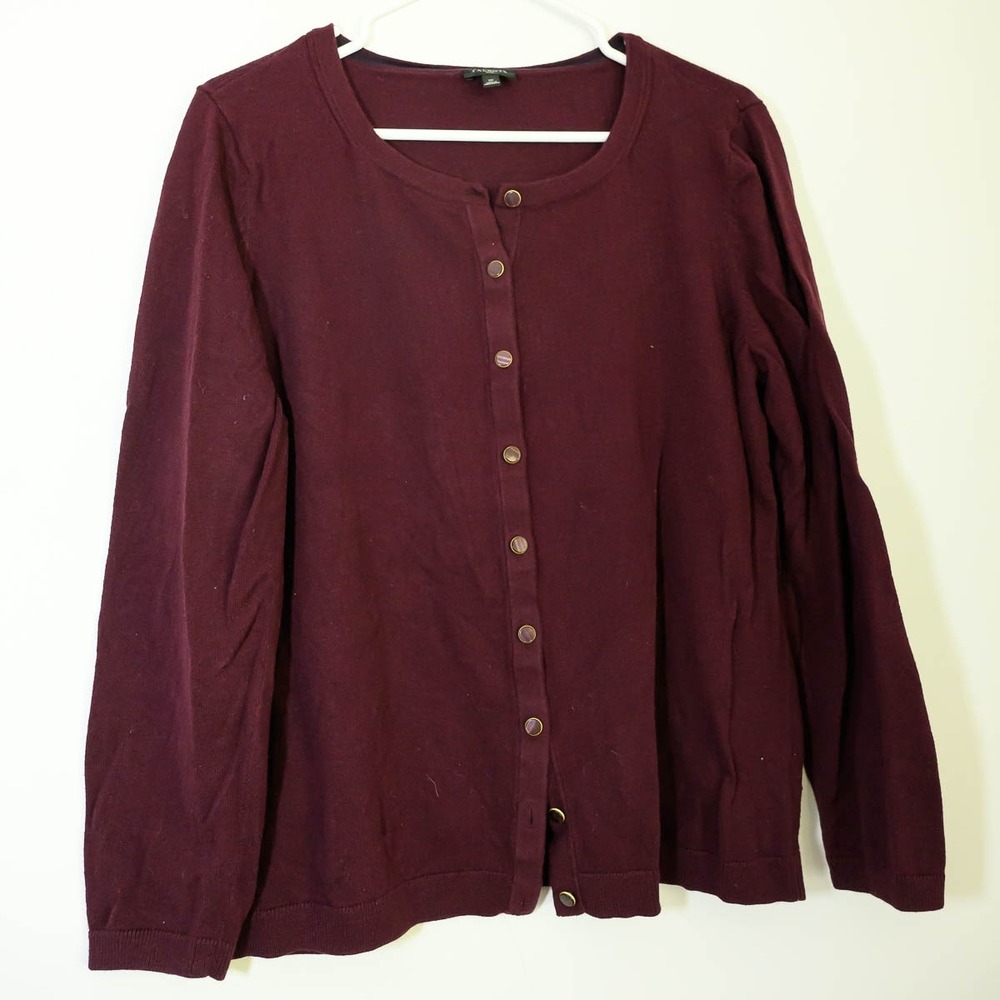 Talbots Plus Cardigan 1X Burgundy Excellent Cotton Cashmere Button Crew Neck